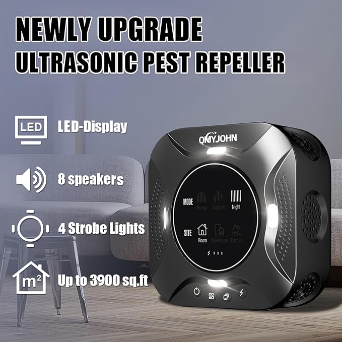 LED Display-Ultrasonic Pest Repeller Indoor,Multi-Mode Variable Frequency,with LED Strobe Light,Squirrel Repellent for House,Prevent Adaptation.Suitable for Houses,attics,garages,etc.