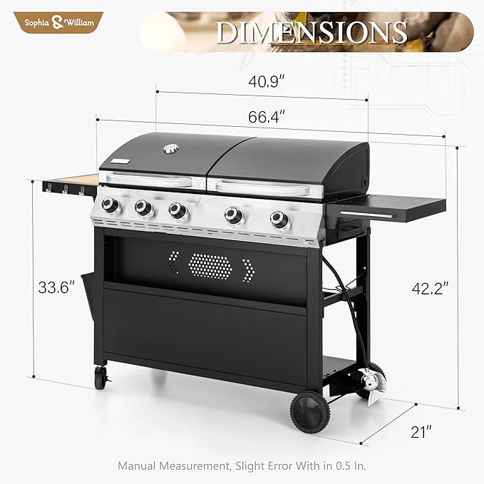Sophia & William Propane Gas Grill and Griddle Combo with Porcelain-Enameled Cast Iron Grates, Dual Outdoor BBQ Grill with Flat Top Griddle for Barbecue, 696 SQ.IN. Cooking Area