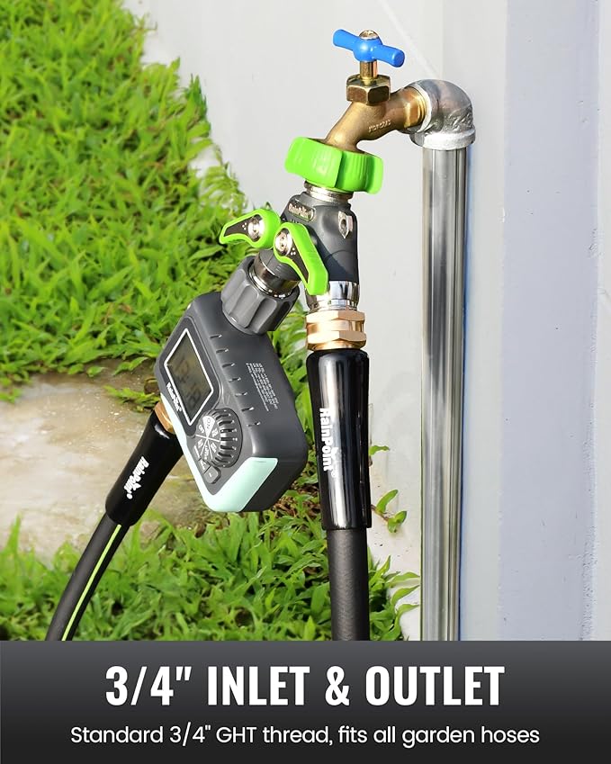 RAINPOINT Garden Hose Splitter, 2 Way Heavy Duty Water Hose Y Spigot Splitter with Shutoff Valves, 100% Metal Body Outdoor Faucet Splitter, 1.9" Extra Long Metal Handle, 3/4" GHT Thread (2, Green)