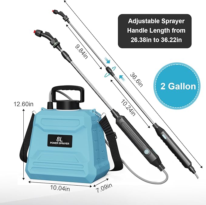 Battery Powered Sprayer 2 Gallon, 7.4V Powerful Electric Sprayer with 4 Nozzles, Rechargeable Handle with 36.22'' Retractable Wand, Adjustable Shoulder Strap, Weed Sprayers in Lawn Garden Yard (Blue)