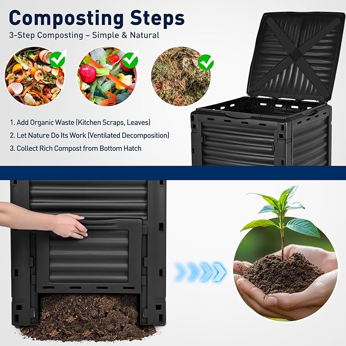 Yesker Outdoor Garden Compost Bin, 80 Gallon BPA-Free Large Capacity Composter for Backyard, Easy Assembly, Fast Fertile Soil Maker, Black