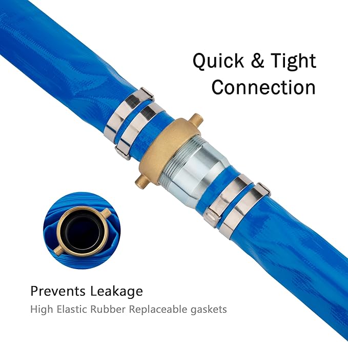 DAVCO 2" ID x 50 ft Pool Backwash Hose, Heavy Duty Reinforced Blue PVC Lay Flat Water Discharge Pump Hoses For Swimming Drain Pools and Clean Filters, with Brass NPT Pin Lug and KC Nipple Fittings