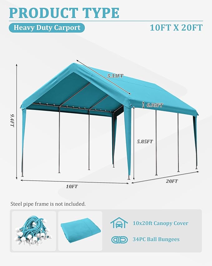 10 X 20 Ft Canopy Replacement Cover Heavy Duty Waterproof UV & Tear Resistant Car Tarp Canopy Tent Garage Top Shelter Oxford Cover with Ball Bungees (Frame is Not Included)