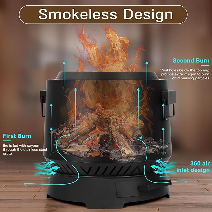 BOINN 20-Inch Outdoor Smokeless Wood Burning Fire Pit: Low-Smoke Bonfire Experience with Grill, Fire Poker & Large Capacity for Backyard, Patio, Picnics & BBQs Update