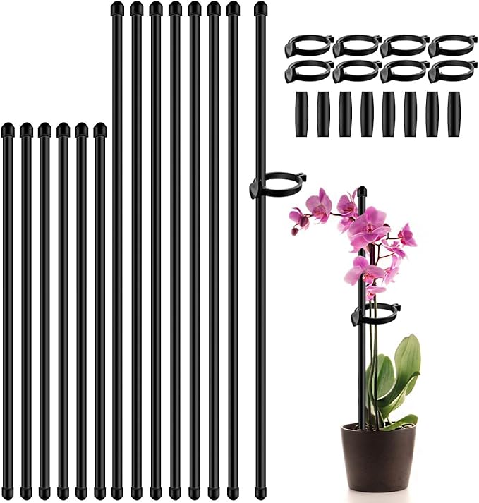 Plant Stakes 17inch &11inch SupKing Adjustable Length Plant Support Stake 16Pcs Black Orchid Stick with Clips for Indoor Outdoor,Garden Pole for Potted Tomato Amaryllis Vegetables with 20 Ties