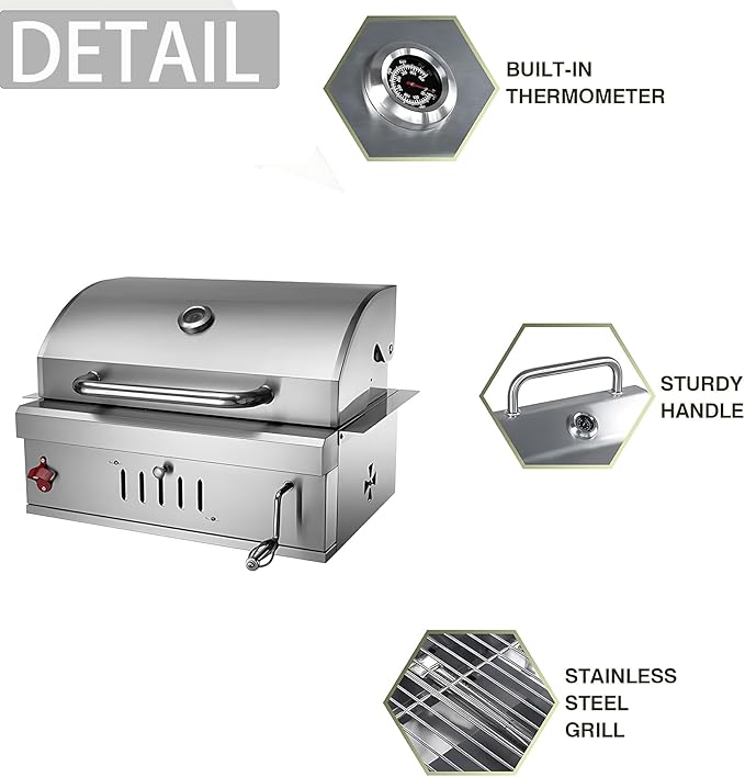 28 Inch Built In Charcoal Grills, Stainless Steel Charcoal bbq Grill Built In with Liftable Charcoal Tray, Rain Fabric cover, Insulated Hood and Temperature Gauge, for Outdoor Camping, Cooking
