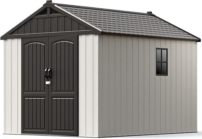 Patiowell 8 x 10 FT Resin Outdoor Storage Shed with Floor, Plastic Shed with Window and Lockable Door for Garden, Backyard, Tool Storage Use, Easy to Install in Beige (Kick-it Shed)