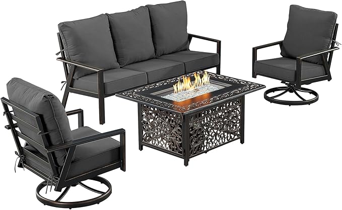 Oakland Living Black Aluminum Patio Fire Table Set with Deep Seating Sofa with Cushion and Two Club Chairs with Black Cushions