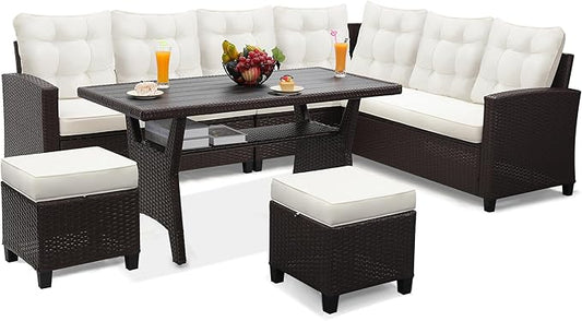 6-Piece Outdoor Patio Furniture Set - Sectional Sofa, Dining Table & Chairs Included, All-Weather Dining Set with Ottoman, Brown Wicker and White Cushions