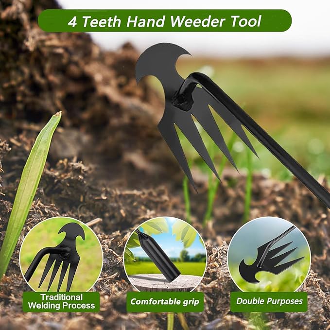 Weed Pulling Tool Garden Uprooting Weeding Tool, Weed Puller Tool, 2025 New Portable Garden Weeding Tool, 15.7in Weeder Tool, 4 Teeth Weeding Artifact Uprooting Weeding Tool Black