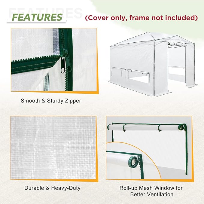 EAGLE PEAK Woven Replacement Cover for 12x8 Portable Walk-in Pop up Greenhouse, Front and Rear Roll-Up Zipper Entry Doors and 4 Roll-Up Side Windows (Frame Not Included), White
