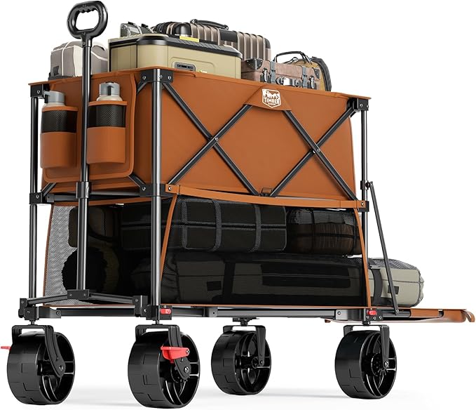 TIMBER RIDGE 400L Large Capacity Folding Double Decker Wagon with Brakes, 54" Extra Long Extender Wagon Cart, 450lbs Heavy Duty Collapsible Cart, All-Terrain Big Wheels for Camping, Sports, Shopping