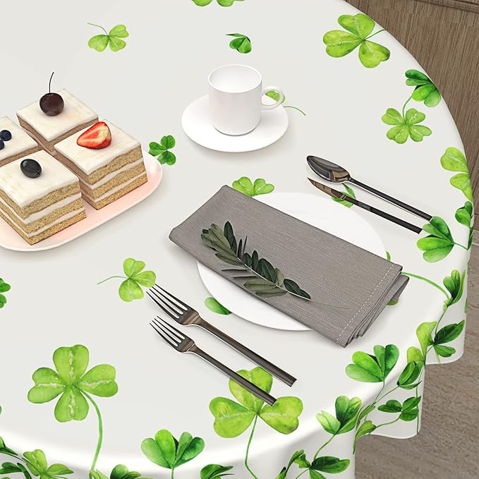 St. Patrick’s Day Round Tablecloth, Lucky Shamrock Table Cloth, Green and White Tablecloths, Four Leaf Clovers Waterproof Table Cover for Dinner Room Holiday Party Kitchen Decoration, 60 Inch