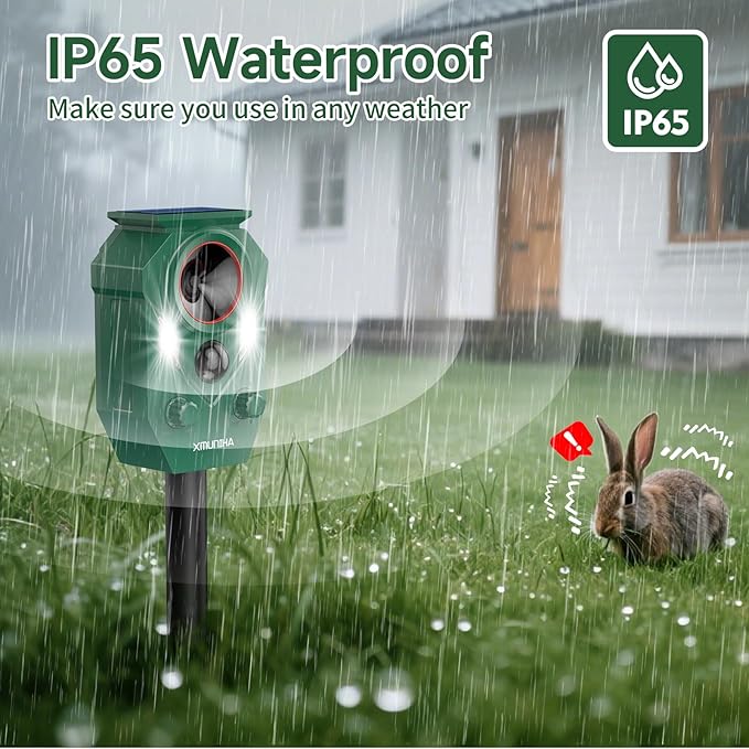 Solar Ultrasonic Animal Repellent Outdoor, 2 Pack Deer Repellent for Yard with RIP Sensor, IP65 Waterproof Squirrels Repeller, Effective Deterrent Cat, Raccoons, Skunks, Rabbits