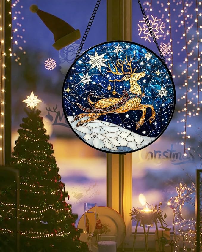 Stained Glass Window Hanging - Reindeer Blue Starry Sky Suncatcher for Doors Home Christmas Decoration Winter Sun Catcher Thanksgiving New Year Birthday Gifts for Women Men Mom Nana 9.8 in