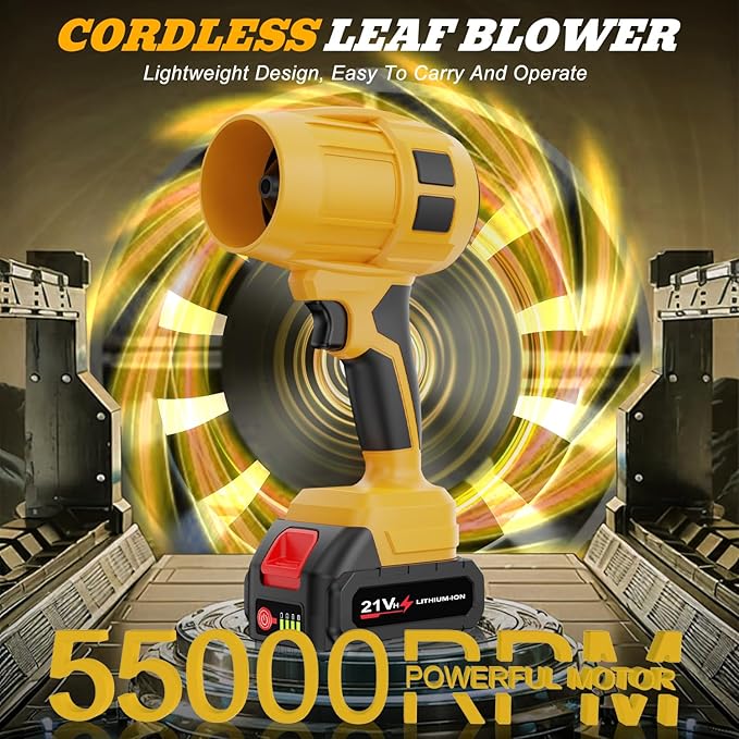 Leaf Blower Cordless with Battery, Turbo Jet Blower, 55000RPM Handheld Leaf Blower 2 X 4.0Ah Batteries for Lawn Care, Patio, Blowing Leaves, Snow Blowing (Yellow-001)