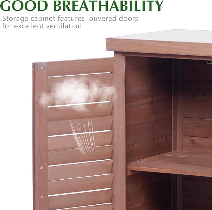 Outdoor Storage Cabinet & Potting Bench Table with Metal Top (Dark Brown, 36x31x17in)