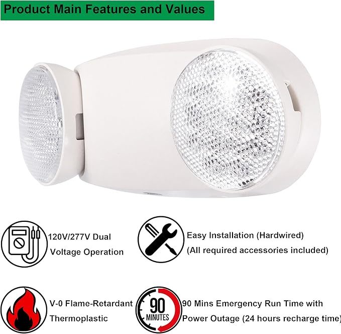GRUENLICH LED Emergency Light, Exit Lighting Fixtures with 2 LED Bug Eye Heads and Back Up Batteries, UL 924 Qualified, 120/277 Voltage, 4-Pack