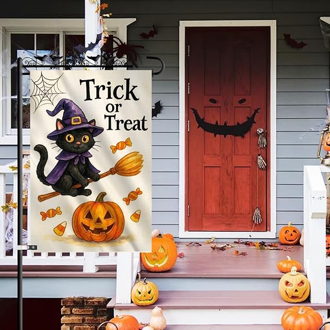 Halloween Garden Flag 12x18 – Trick or Treat Black Cat & Pumpkin with Broom Stick & Spiderweb – Double Sided Burlap Halloween Flags for Outside, Fits Garden Flag Poles