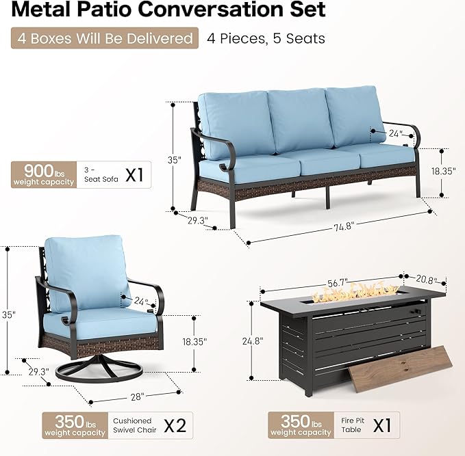 4 Piece Black Metal Outdoor Patio Furniture Sets with Firepit Table, Patio Conversation Sets 1 3-Seater Sofa, 2 Swivel Sofa with 5.75" Thick Cushion Backyard Furniture for Deck, Blue