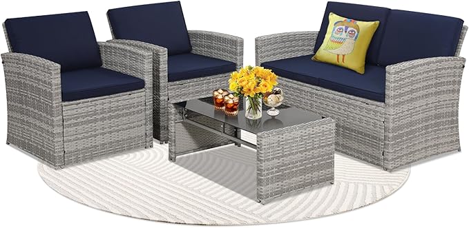 4 Pieces Patio Conversation Set, Outside Rattan Sectional Sofa, Cushioned Furniture Set, Wicker Sofa Ideal for Garden, Porch, Backyard, Grey Color Rattan and Blue Cushion