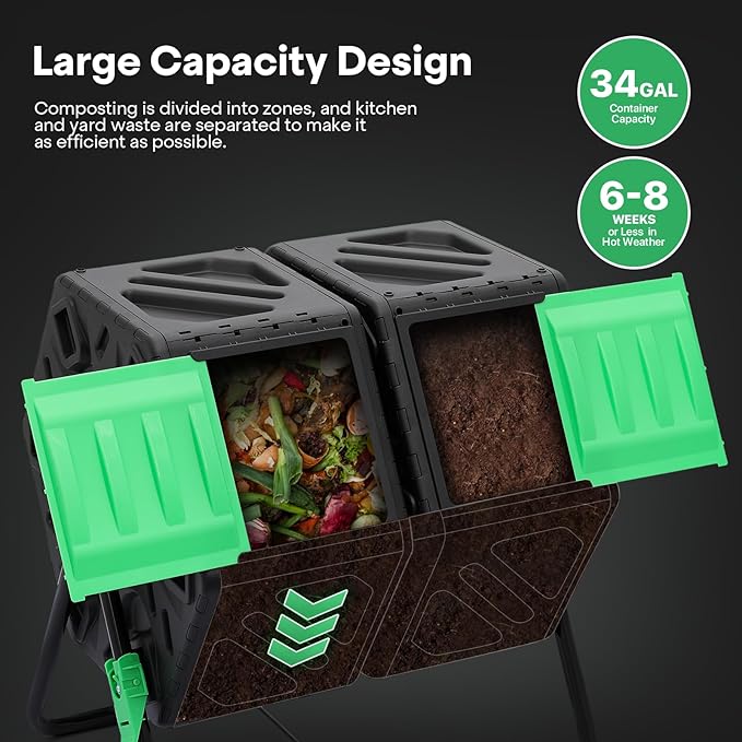 Athena Collection Chamber Compost Tumbler, 34 Gallon Outdoor Composter with Easy Assembly, Tumbling Compost Bin in PP Material for Garden, Yard & Kitchen Waste, Includes Gloves