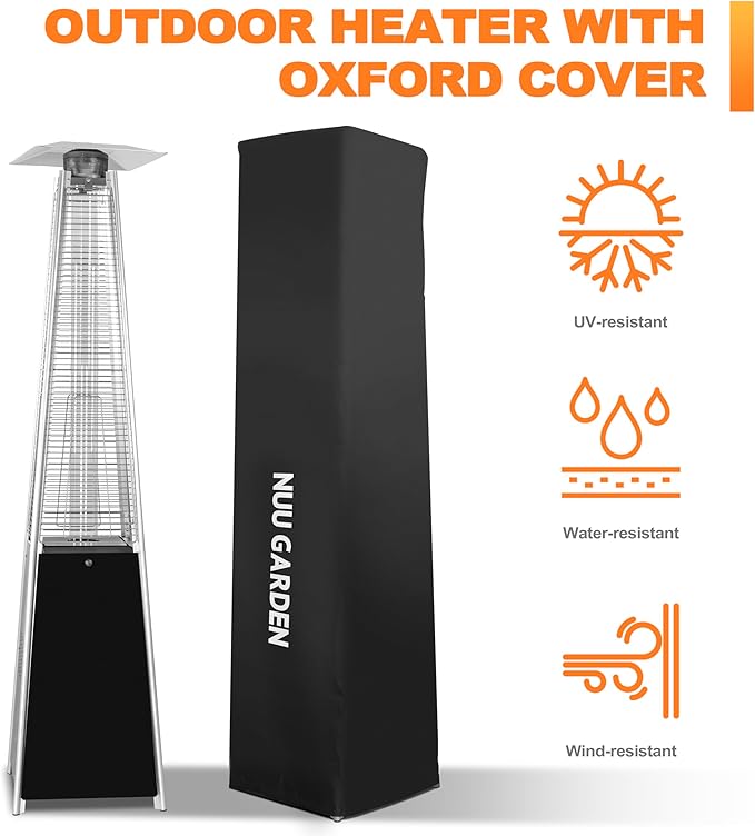 Nuu Garden Outdoor Propane Patio Heater, 48,000 BTU Pyramid Outdoor Heater with Wheels, Hammered Bronze Tower Portable Heater with Oxford Cover for Garden, Terrace, Black