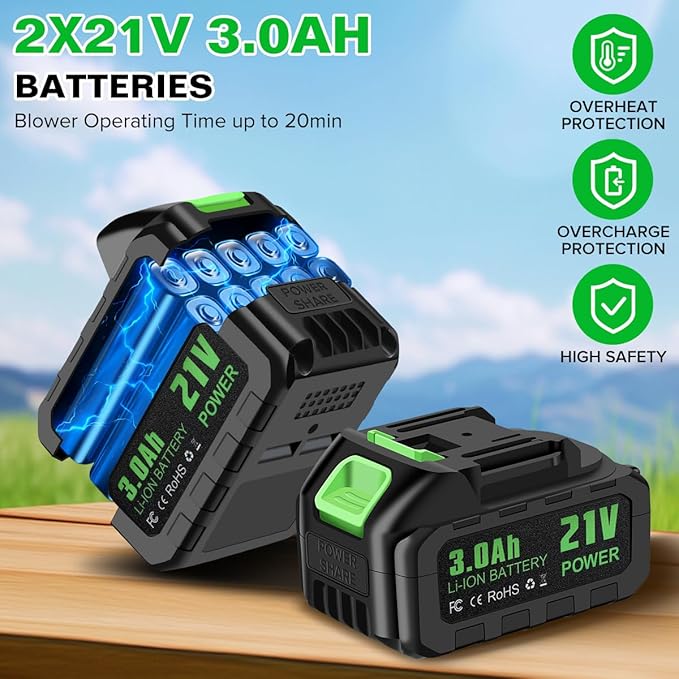 Leaf Blower,Cordless Leaf Blower,21V Cordless Electric Blower with 2 X 3.0Ah Batteries & Charger,4 Speed Modes, Rotable Handle Design,for Patio Cleaning,Yard, Blowing Leaves,Dust or Snow