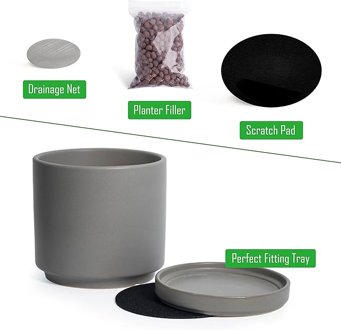 D'vine Dev 6 Inch & 8 Inch Ceramic Planter Pots for Plants with Drainage Hole and Saucer, Medium Plant Pots Set, Grey, 94-G-M-3