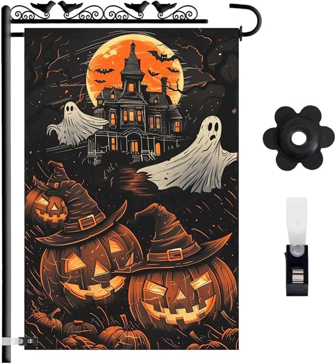 Halloween Garden Flag 12x18 Double Sided – Haunted House with Ghosts & Pumpkin, Halloween Yard Flag for Outside, Durable Fall Outdoor Flag, Weatherproof