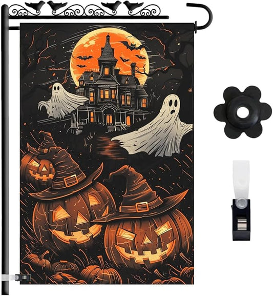 Halloween Garden Flag 12x18 Double Sided – Haunted House with Ghosts & Pumpkin, Halloween Yard Flag for Outside, Durable Fall Outdoor Flag, Weatherproof