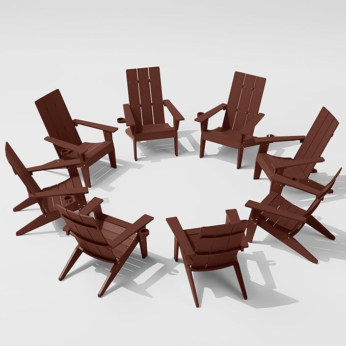 MXIMU Adirondack Chair Set of 8: Modern Adirondack Chairs Fire Pit Chairs Plastic Outdoor Chairs for Lawn Backyard Deck Garden Camping (Coffee)