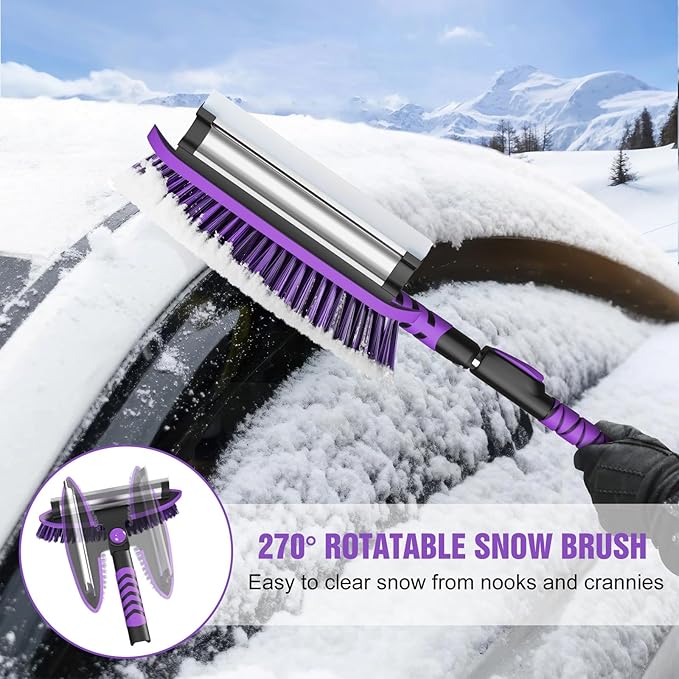 Nuovoware 60" Ice Scraper and Extendable Snow Brush for Car Windshield, 5 in 1 Adjustable Snow Removal Tools with 270° Pivoting Brush Head for Car Auto Truck SUV, Purple