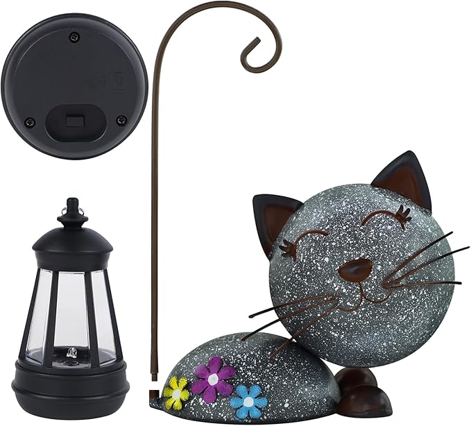 Glintoper Solar Garden Statue Cat Figurine with Lantern, Outdoor Metal Kitten Whimsical Lawn Porch Yard Art, Mothers Day Ideal Gifts, Lighted Ornaments for Patio Pathway Yard Decoration