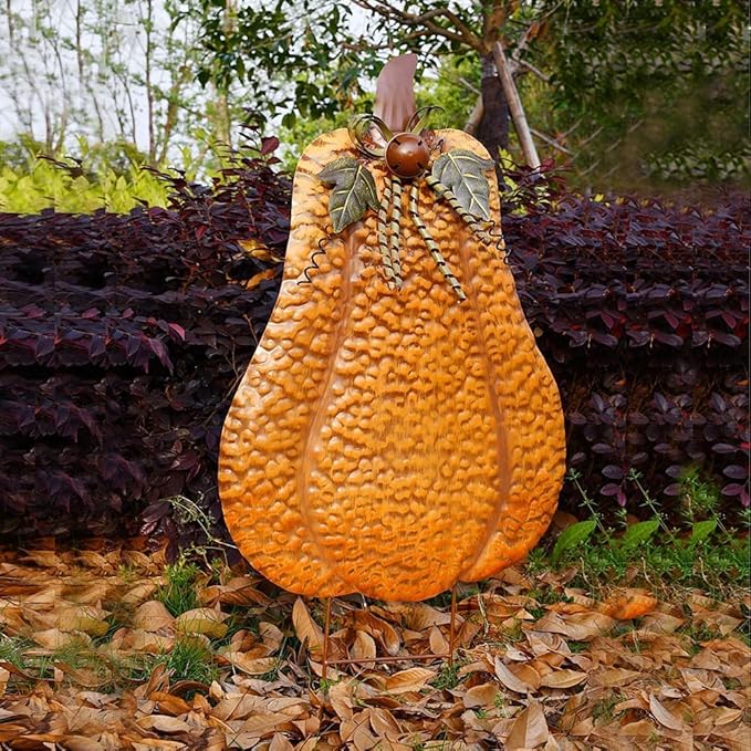 Morning View Metal Pumpkin Yard Sign with Stakes Fall Decor Decorative Rustic Pumpkins Garden Stake Yard Decor Outdoor Thanksgiving Autumn Harvest Halloween Lawn Patio Decorations 30" Tall