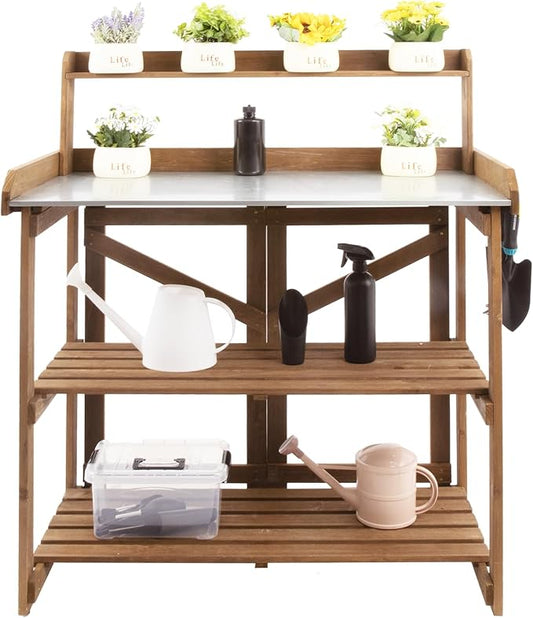 Folding Potting Bench Table,Outdoor Potting Bench Garden Wooden Potting Table,Fir Wood Workstation Planting Table with Galvanized Tabletop,2 Tier Storage Shelves,Top Shelf(Brown)