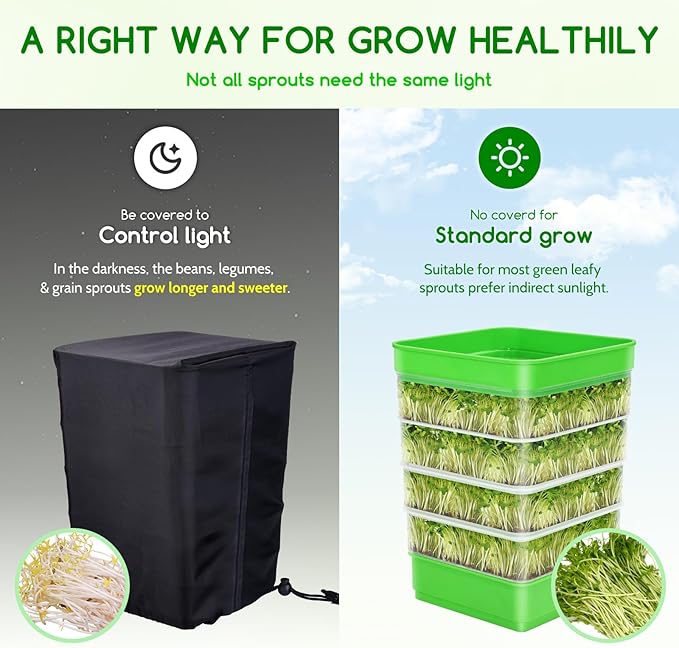 Creative.C Bean Seed Sprouter Kit Micro Greens Growing Trays with Sprout Lid Blackout Sleeves Drain Tray Four Tier Stackable Sprouts Growing Kit for Broccoli Alfalfa Seed Wheat Grass