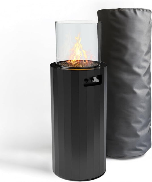 Planika BINO Outdoor Gas Fireplace - Black Fire Column with Glass Shield for Patio or Gardens (Outdoor Cover Incl)