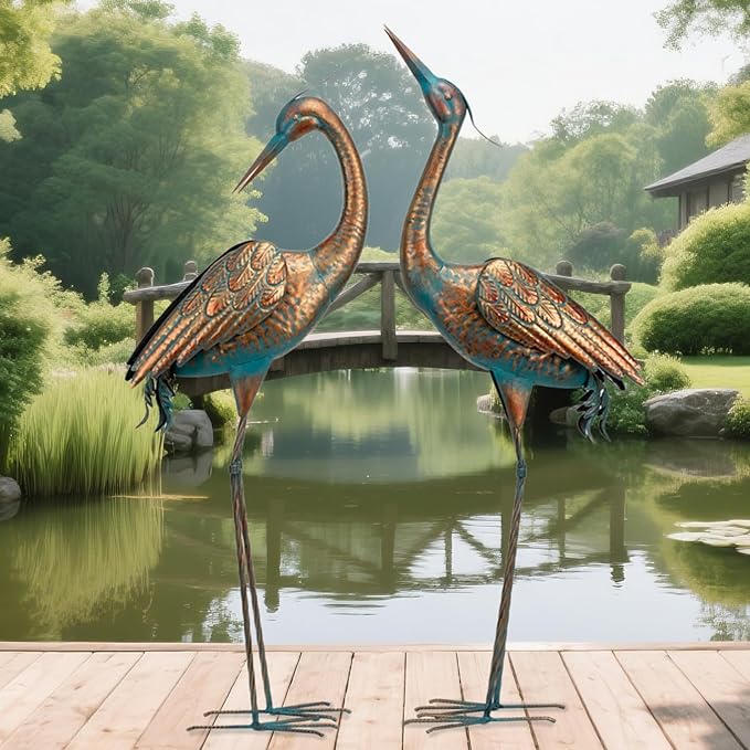 chisheen Garden Crane Statues Blue Heron Metal Yard Art Outdoor Decoration,Large Sculptures for Lawn Patio Porch,39-44 inch,Set of 2