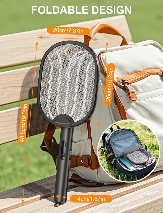 Electric Fly Swatter Foldable Bug Zapper Racket with 4000V 1800mAh Rechargeable Battery 5-Layer Safety Mesh Dual Modes with Mosquito Light Suitable for Indoor or Outdoor Use(Black)