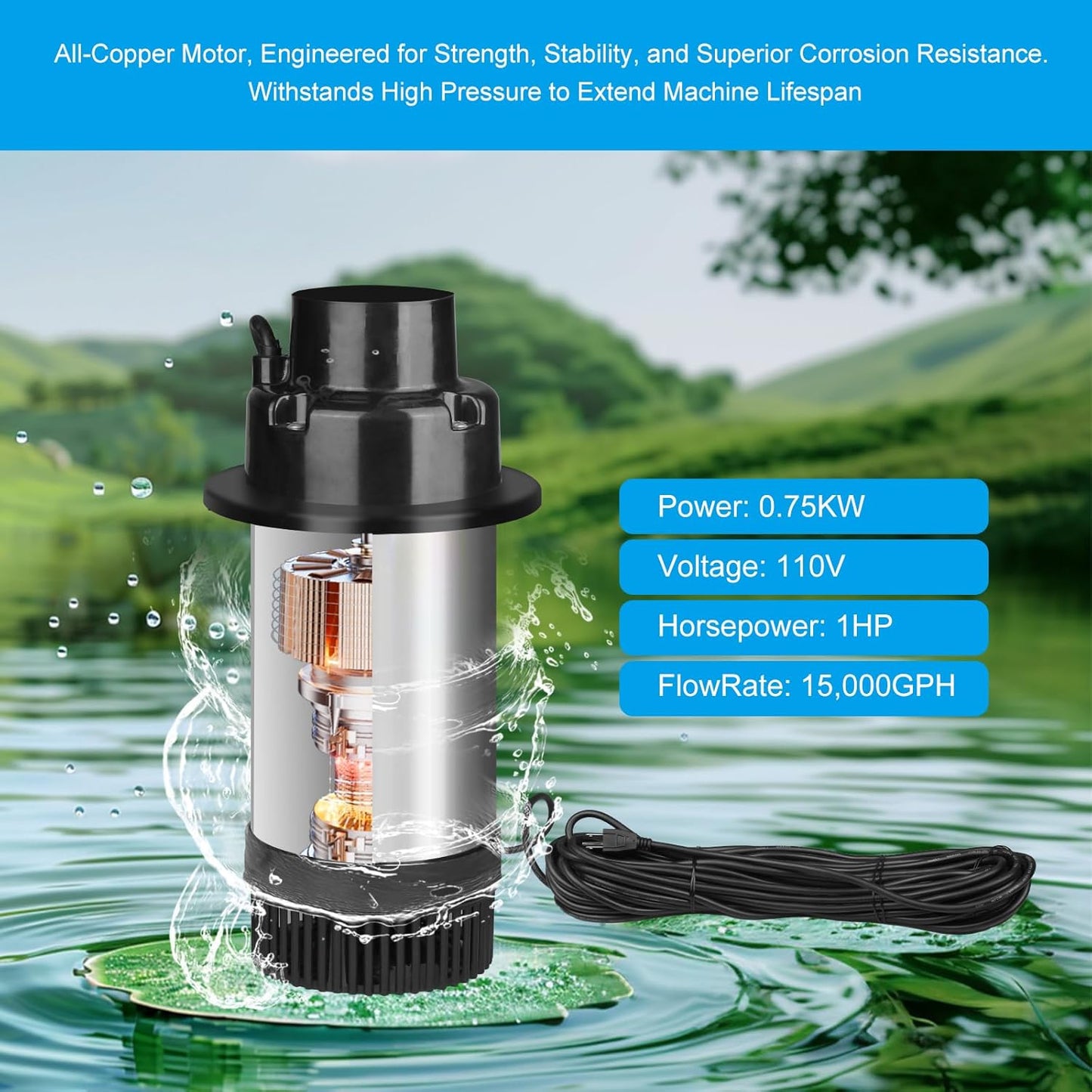 15000 GPH Pond Fountain Aerator, Fully Automatic 1HP 750W 110V Stainless Steel Floating Fountain and Water Pond Aerator Fit for Outdoor Large Ponds and Lake Jet System with 100 FT Power Cord & Timer