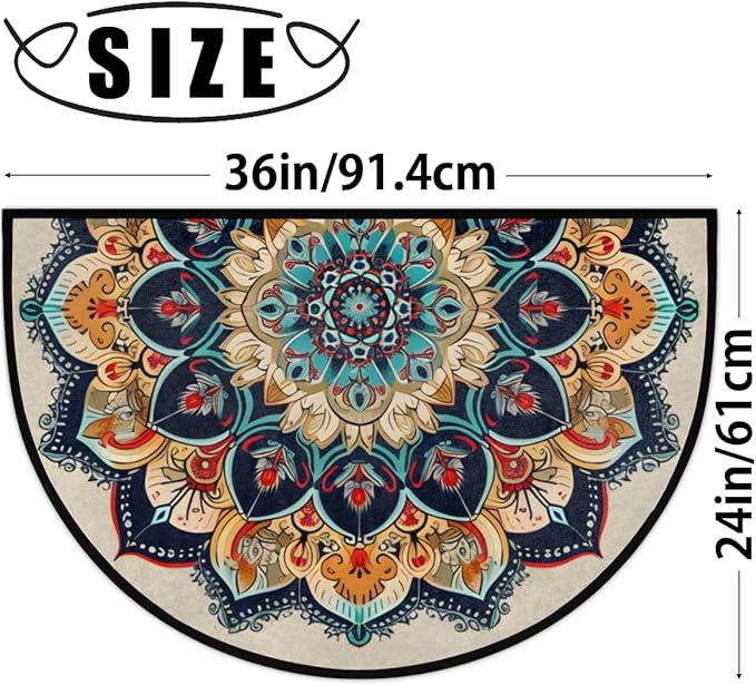Mandala Half Round Door Mat, European Style Mandala Semicircle Doormats, Non Slip Area Rug Soft Doormat for Front Door Indoor Entrance Wear Resistant Welcome Mat for Garage Patio Home Decor 24 x 36 In