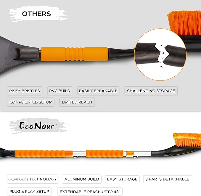 EcoNour 43" Ice Scrapers for Car Windshield Extendable | 3 Parts Detachable Telescopic Snow Brush for Car, Trucks, SUV | Long Snow Scraper with Brush | Car Winter Accessories