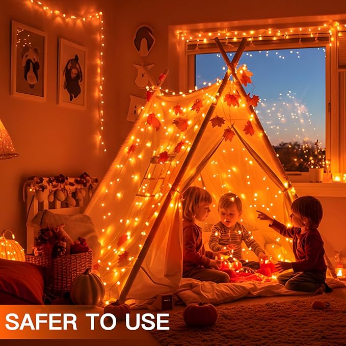 suddus Orange Halloween Lights Outdoor with Remote, 66ft 200 LED Connectable Waterproof String Lights Plug in, Dimmable Clear Wire Fairy Lights for Fall, Thanksgiving, Party, Tree, Garden, Porch Decor