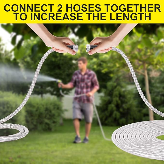 FOXEASE Metal Water Hose 100 ft - Stainless Steel Water Hose with 2 Nozzles, Lightweight, Tangle Free & Kink Free, Heavy Duty, High Pressure, Flexible, Dog Proof
