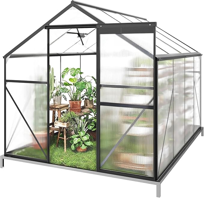 Gizoon 8x6 FT Outdoor Greenhouse, Quick Setup Polycarbonate Greenhouse with Adjustable Roof Vent and Sliding Door, Aluminum Walk-in Greenhouses for Outside Backyard Gardening (Black, 8x6FT)