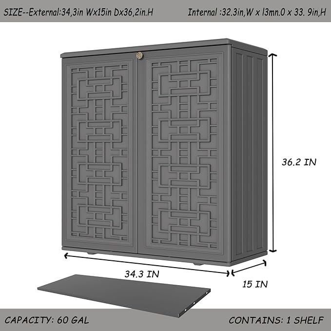 Storage Box Outdoor Caninet,Resin Indoor Storage Box Waterproof Outdoor Storage Cabinets for Patio/Garden/Backyard, Size 34.3''L*15''W*36.2''H(Grey)