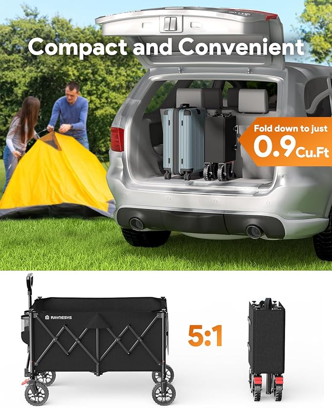 Collapsible Foldable Wagons, 440lbs Capacity Wagons Carts Foldable with All-Terrain Wheels, Heavy Duty Foldable Wagon, Utility Wagon Carts with Brakes for Camping, Sports, Shopping, Beach, Black