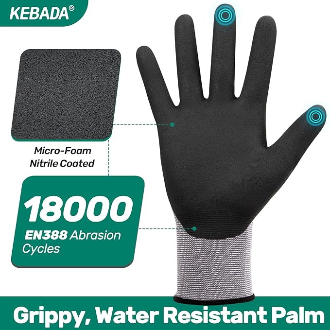 Kebada W2 Micro-Foam Coated Work Gloves, Touchscreen Working Gloves with Grip, Idea for Package Handling, Gardening, and Construction, 6 Pairs, Small