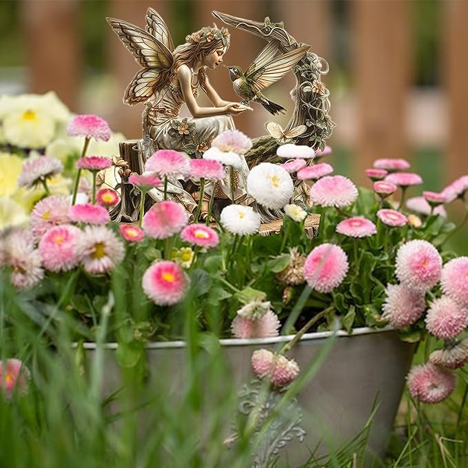 Fairy Garden Stake Decor, 2D Flat Acrylic Fairy Garden Decor Panel, Elf Yard Sign for Outdoor Indoor Yard Lawn Plants Pots, Fairy Garden Accessories (Flower Fairy with Hummingbird)